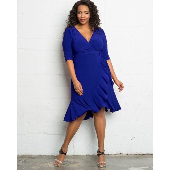 Kiyonna Dress Whimsy Style True Wrap Size 2X Blue Ruffle Sexy Slimming Versatile - Picture 1 of 9